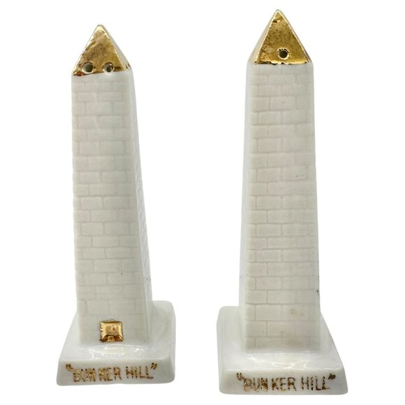 Vintage Ceramic Bunker Hill Monument Salt and Pepper Shakers Japan Gold Accents - Picture 1 of 7